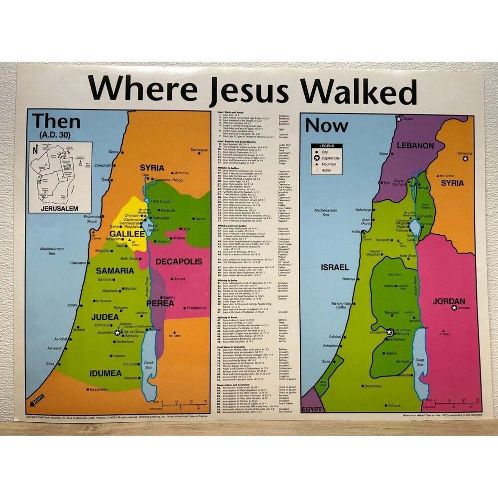 1991 Rose Publications Where Jesus Walked Then And Now Laminated Bible Map